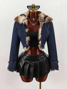 Amplova Y2K Lady, Blue, Fashionable, Leather Imitation, Short-Sleeved Jacket - Multicolor - View 6