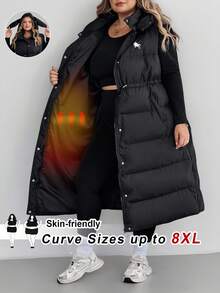 SHEIN CURVE+ Plus Size Women Black Hooded Bunny Ear Padded Vest Coat,Autumn Casual Hiking Puffer Vest,Curve Winter Clothes 8xl,6xl Fall Back To School Outfits - Black - View 9