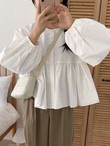 DAZY Girls' Casual Pleated Round Neck Puff Sleeve Blouse,Fall Clothes,Back To School Clothes - White - View 5