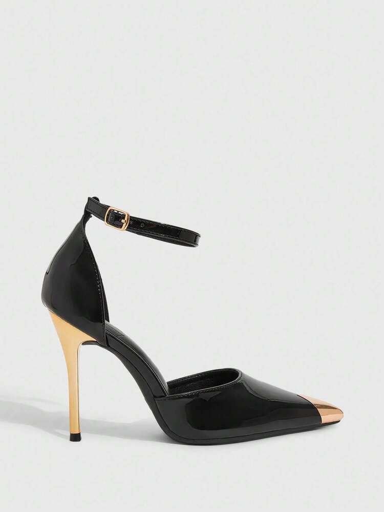 CUCCOO SZL Sexy Pointed Toe Metal Buckle Black Party Evening Gathering Ankle Strap Stiletto Hollow Out Women High Heels Pumps For Christmas Spring Shoes