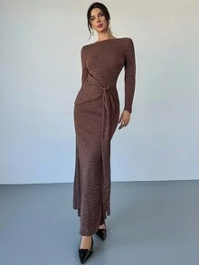 Firerie 女士新款优雅休闲时尚百搭简约都市通勤办公室装咖啡棕色仿皮草面料长袖圆领金属扣腰带鱼尾下摆长裙，秋季服装，教师服装，机场服装，外出服装，返校，舒适秋季 - 咖啡棕 - 查看 2