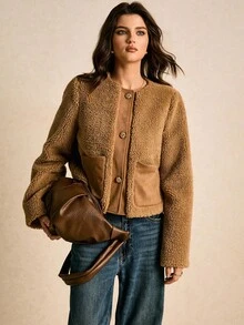 Poéselle 女士绒面革口袋外套，棕色，保暖，短款，复古短款夹克，秋冬季时尚毛绒外套，女士冬季夹克，女士冬季外套，女士秋季外套 - 棕色 - 查看 6