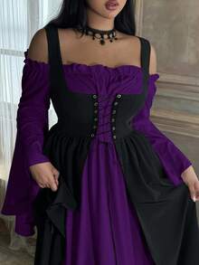 Lyrianda Plus Size Women's Off Shoulder Long Sleeve Flare Sleeve Ruffle Elegant Vintage Cute Halloween Party Casual Holiday Colorblock Dress