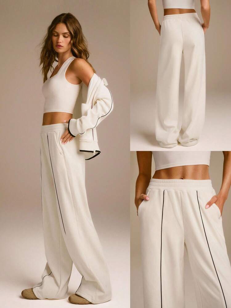 Cozy Era Ultra-Soft Lightweight Stretchy Contrast Front Seam Side Pockets Relaxed Fit Waffle-Brushed Wide Leg Sweatpants Autumn Winter Daily Casual