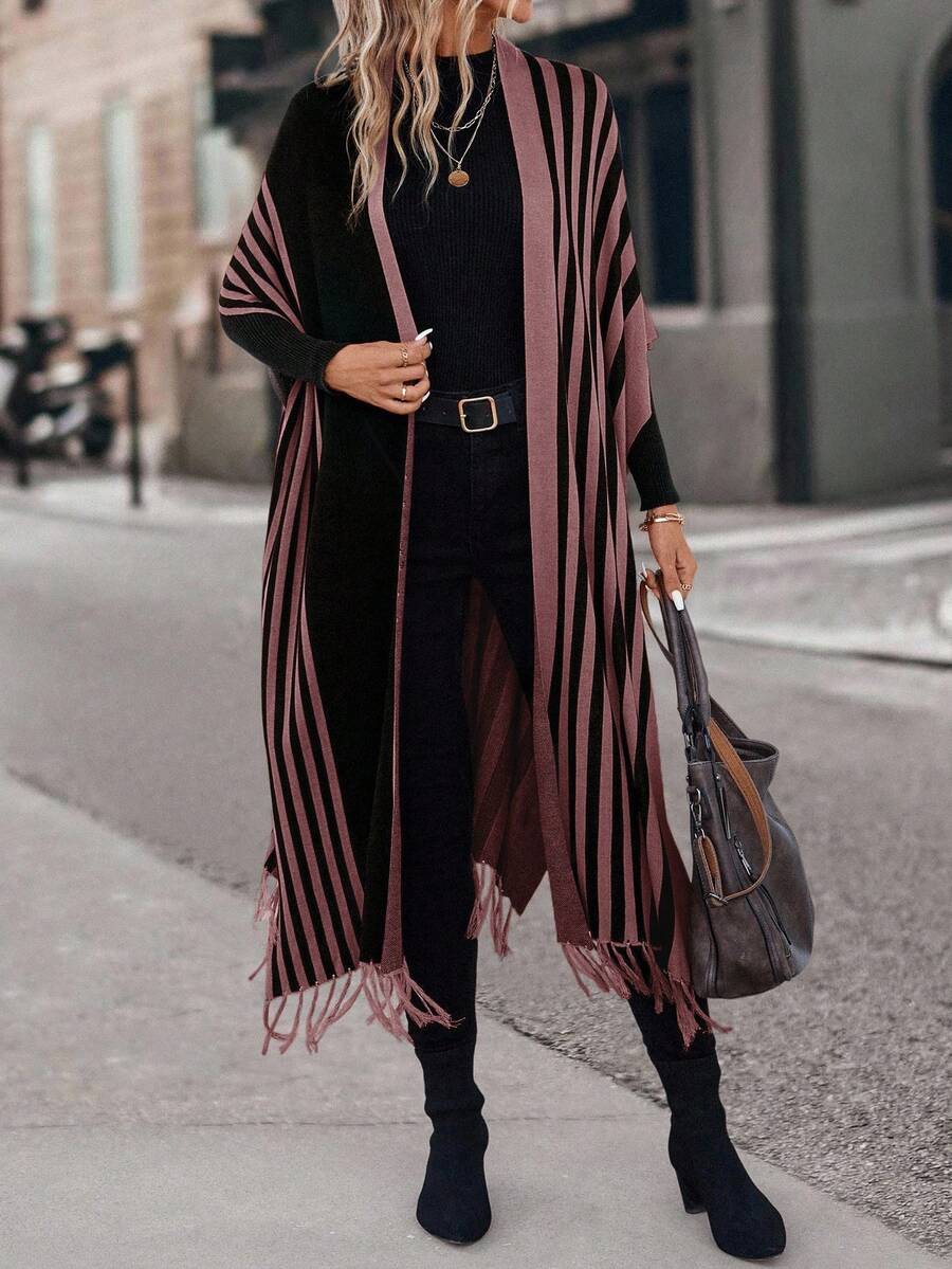EURMUSE Women's Casual Striped Fringe Hem Cardigan, Autumn/Winter - Multicolor - View 1