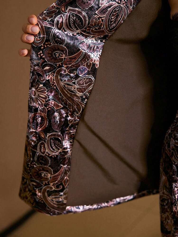 VELVET ALLOVER PRINT LAPEL COLLAR BLAZER