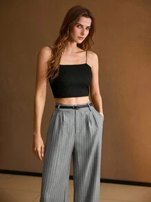 MOTF PREMIUM 条纹印花斜口袋阔腿裤（配腰带） - 灰色 - 查看 6