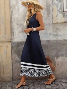 Brillora Women's Casual Elegant Geometric Pattern Round Neck Loose Long Dress, Suitable For Summer Business Casual Woman Vacation Dress Chic Dress - Multicolor - View 5