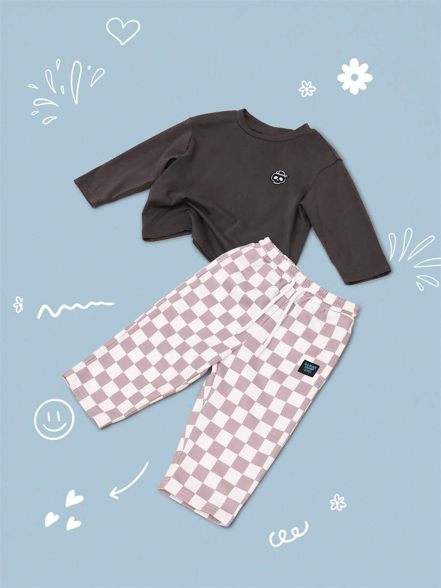 SUMWON Baumwoll Baby Jungen Dinosaurier Koordinations-Set mit karierter Hose und Langarm-Wintershirt, Herbst Outfit, passendes Zweiteiler-Set