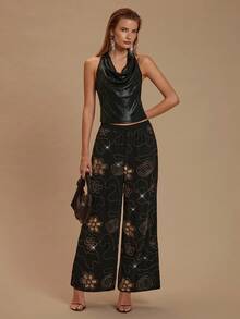 Glamine Quần thời trang đính đá Rhinestone dành cho nữ - màu đen - Xem 4