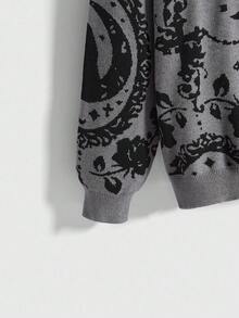 ROMWE Goth 哥特宫猫月链神秘黑猫满印深色套头毛衣，适合万圣节 - 深灰色 - 查看 4