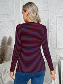 SHEIN 孕妇条纹圆领长袖修身休闲T恤 - 寶藍色 - 查看 2