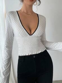 Gloray Women's Polka Dot Print Deep V-Neck Fitted Long Sleeve T-Shirt - Multicolor - View 5
