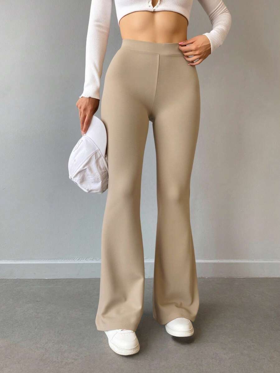 Cloudara Solid Color Wide Waistband Trousers - Beige - View 1