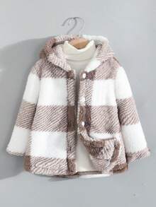 Sparklyn 女童爱心格纹印花保暖拉链外套，秋冬女童外套 - 卡其色 - 查看 2