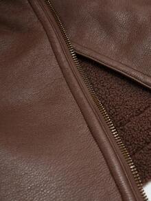 GENKIRA 时尚女士摩托车夹克，带口袋和泰迪熊保暖内衬 - 棕色 - 查看 7