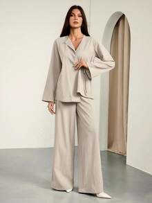 SHEIN Tall Women Autumn And Summer Elegant Leisure Vacation Commuting Office Old Money Lapel Waist Tie Loose Linen Shirt Jacket And High Waist Casual Trousers Khaki Two Pieces Suit Outfits,Graduation,Teacher Outfits For Women,Back To School, Fall Women Clothes, Old Money, Office Outfits - Khaki - View 6