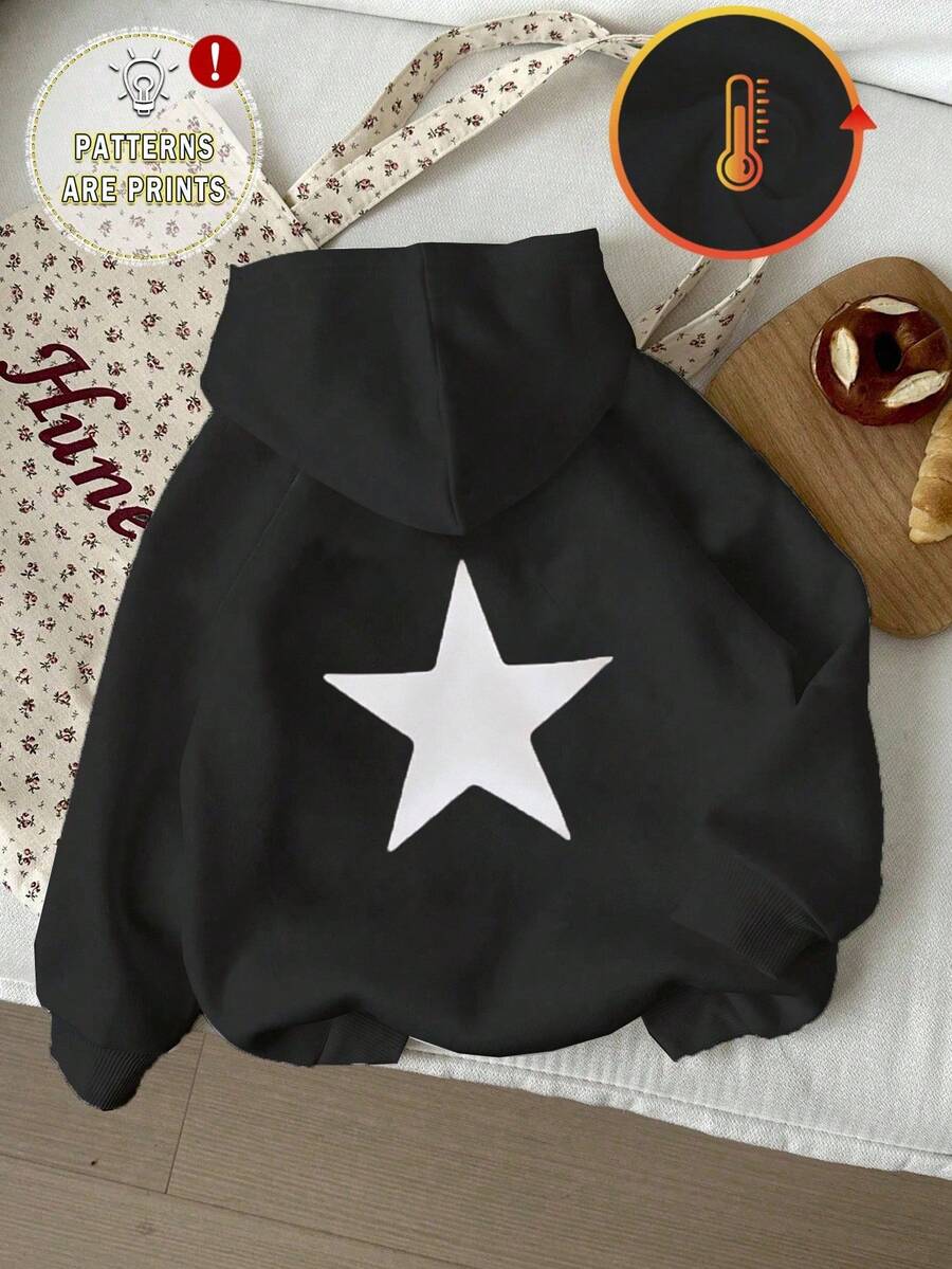 SHEIN 少女白色星星印花宽松插肩袖黑色卫衣，适合女孩冬季、秋季和休闲穿着，运动风、秋冬季日常休闲及上学穿着皆宜，保暖内衬。 - 黑色 - 查看 1