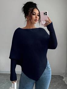 Elenzga Áo len dệt kim cổ tròn tay cánh dơi bất đối xứng dành cho nữ, đa năng cho kỳ nghỉ và ngày lễ, mùa xuân/thu/đông - Màu xanh hải quân - Xem 5