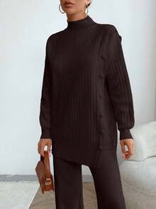 EURMUSE Women Solid Color Button Detailed Mock Neck Drop Shoulder Pullover & Sweater Pants Set - Brown - View 3