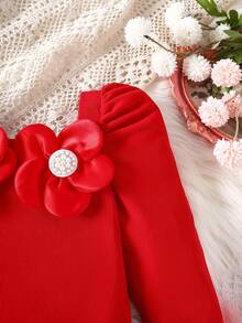 SHEIN 2pcs/Set Young Girls Autumn New Outfit,Off Shoulder Puff Sleeve Top With 3D Floral Decor,Red Plaid Skirt,Elegant Vintage Birthday Party Suit,Christmas - Red - View 6