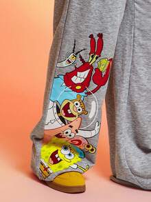 SpongeBob SquarePants | SHEIN 女士休闲日常通勤趣味可爱卡通字母图案松紧腰侧袋喇叭裤 - 灰色 - 查看 4