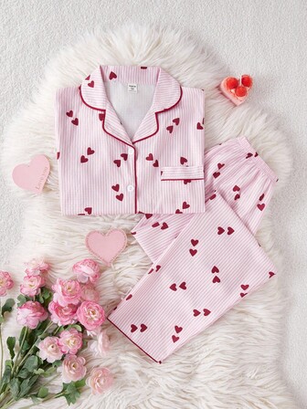 Tonårsflicka Rosa hjärtrandigt flanelltygpyjamaset, långbyxor och långärmad, trendiga och bekväma loungekläder