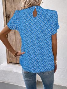 Women's Geometric Print Stand Collar Short Sleeve Casual Shirt - Blue - View 2