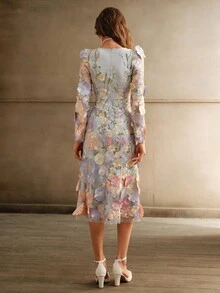 Anewsta Damen elegantes A-Linien-Kleid mit quadratischem Ausschnitt, handgestickter Blumenstickerei (asymmetrischer Schnitt) Maxikleid Damen Outfit