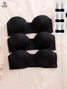 SHEIN 3 件套多色阳台文胸前扣聚拢文胸，可变换细肩带和肩带 - 黑色 - 查看 3