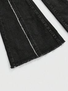 ROMWE Grunge Punk Y2K 复古破洞流苏口袋细节修身喇叭女式牛仔裤 - 黑色 - 查看 4