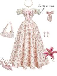 SHEIN MOD Vintage Floral Print Dreamy Romantic Glamorous Dress With Corset Panels, Ruffle Trim, Bow Accent, And Crisscross Tie – Perfect For Dates, Parties, Holidays, Tea Parties, And Birthdays Cottagecore Dress Garden Party Dress Bridgerton Tea Party Dress Victorian Vintage Style Dress