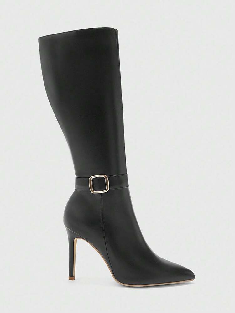 CUCCOO BIZCHIC Botas altas de hebilla negra de alta calidad, botas elegantes de mujer con punta estrecha y tacón delgado, botas largas de estilo nuevo versátil y a la moda que muestran el encanto femenino y la elegancia