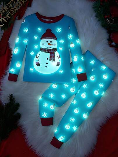 Young Boy Christmas Glow-In-The-Dark Snowman & Snowflake Print Knit Elastic Soft Long Sleeve Top And Pants 2 Pieces Pajama Set  Snug Fit Kids Christmas Pajama