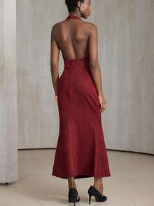 Aveloria Modichic Vintage Elegant Luxury Halter Backless Hollow Metal Buckle Decor Waist Cinched Sexy Fishtail Hem Women Long Sleeveless Dress