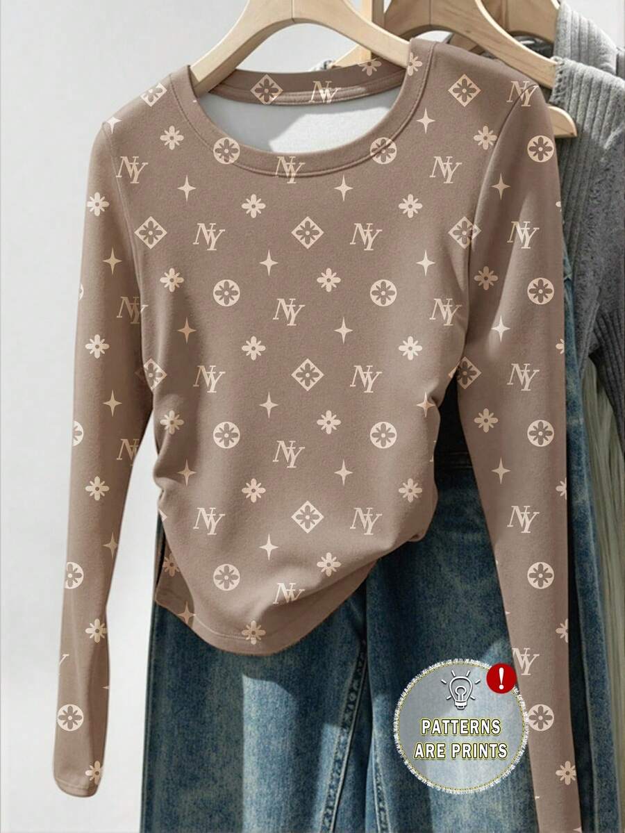 SHEIN Women's Waist Cinched Long Sleeve T-Shirt, Autumn Apparel Back To School Season - Multicolor - View 1