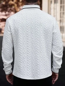 Manfinity CasualCool 1 件休闲男士撞色装饰四分之一纽扣领长袖 Polo 衫，适合春秋季节，适合打高尔夫 - 白色 - 查看 2