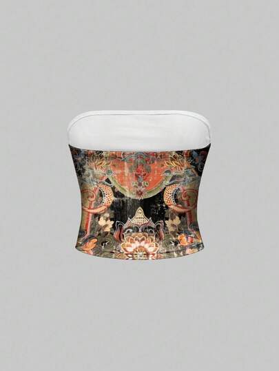 ROMWE Avant Top court sans manches style Bouddha esthétique oriental avec motif floral Thangka pour femmes