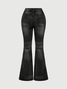 ROMWE Grunge Punk Jeans acampanados de talla grande con estampado vintage lavado - Negro - Ver 2