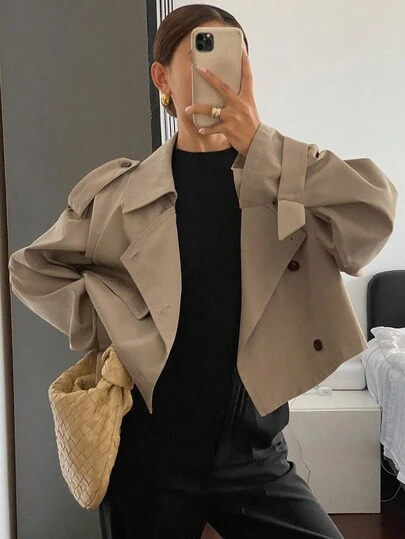 Livesso Áo khoác trench coat ngắn thường ngày cho nữ, áo khoác mới về mùa thu