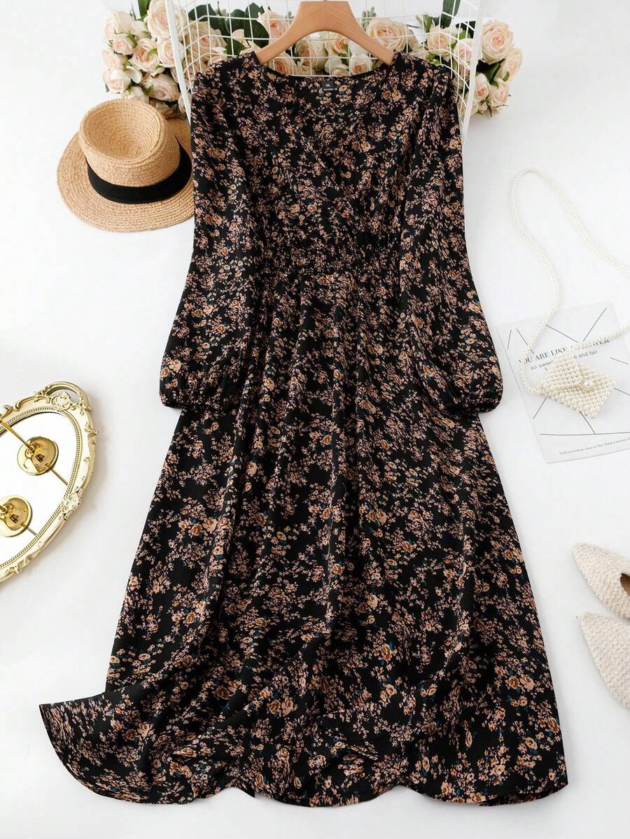 EMERY ROSE فستان طويل كاجوال أنيق بياقة V للنساء كبيرات الحجم، ملابس نسائية ماكسي للربيع/الخريف