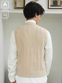 Manfinity CasualKnits Letter Embroidered V-Neck Sweater Vest, For Fall Winter - Beige - View 5