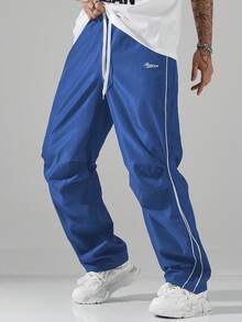 Manfinity Hypemode 男士字母印花抽绳腰褶口袋休闲裤，防风蓝色运动裤，宽松街头风，美式复古速干伞兵工作裤，男士夏季清洁修身裤，宽松直筒休闲裤，秋季 - 寶藍色 - 查看 5