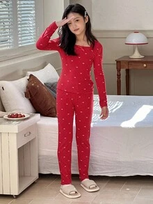 DAZY Tween Girls Crew Neck Knit Loungewear Set, Fall - Red - View 3