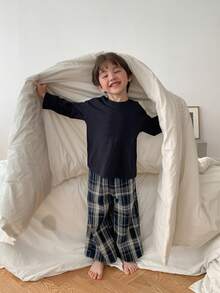 DAZY Young Boy Solid Color Round Neck Long Sleeve Top And Plaid Long Pants Pajama Set - Navy Blue - View 6