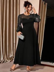 Cravure Váy Maxi Lưới Lấp Lánh Cỡ Lớn Cho Nữ, Chất Liệu Vải Dệt Kim Màu Đen, Tay Lửng, Đầm Maxi Dạ Hội Sang Trọng Dự Tiệc Club - màu đen - Xem 4