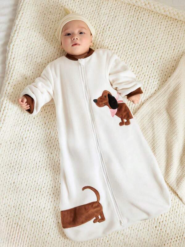 Cozy Pixies 1 pieza Saco de dormir para bebé de felpa cálida gris con patrón de perrito bordado de manga larga, cómodo