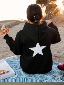 SHEIN 少女白色星星印花宽松插肩袖黑色卫衣，适合女孩冬季、秋季和休闲穿着，运动风、秋冬季日常休闲及上学穿着皆宜，保暖内衬。 - 黑色 - 查看 3
