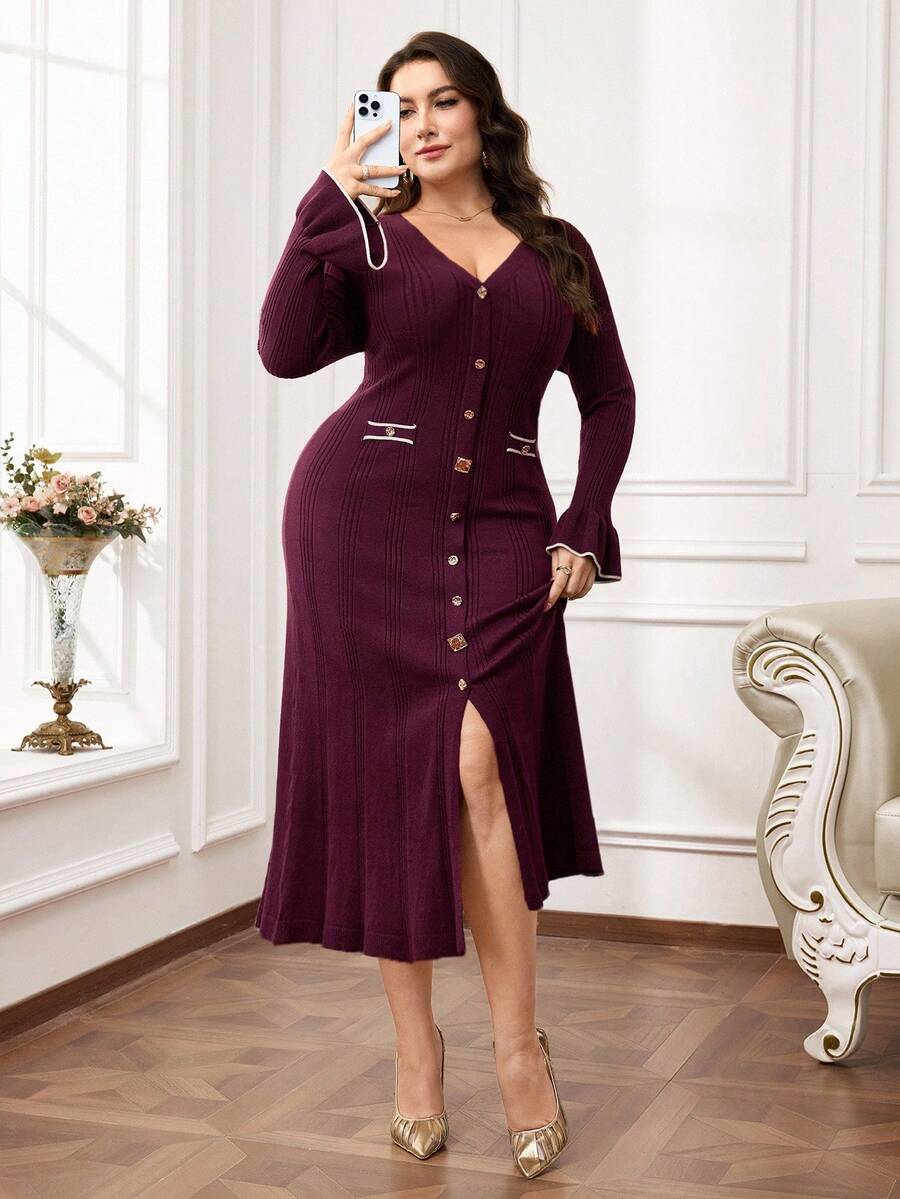 Modelyn Plus Size Elegant Bell Sleeve Knit Dress, Suitable For Commuting In Fall/Winter - Burgundy - View 1