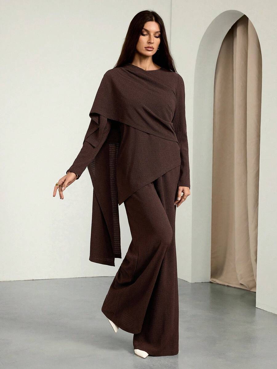 SHEIN Tall Modest Casual Blouse And Pants Set For Women 2 Pieces Set Modest Two Piece Set Brown Two Piece Set Women Chocolate Brown Outfit Pant Suit Set Chocolate Brown Dress Pant Suit Set Plus